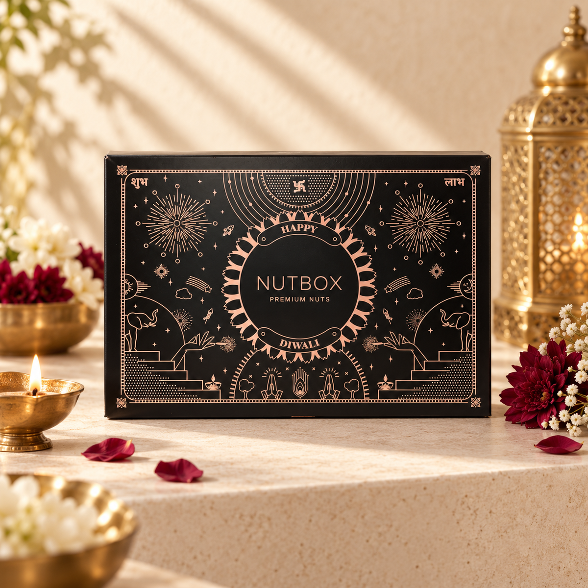 Black Nutbox gift box with rose-gold Diwali sleeve artwork, displayed on beige stone beside a lit brass diya and burgundy flowers.